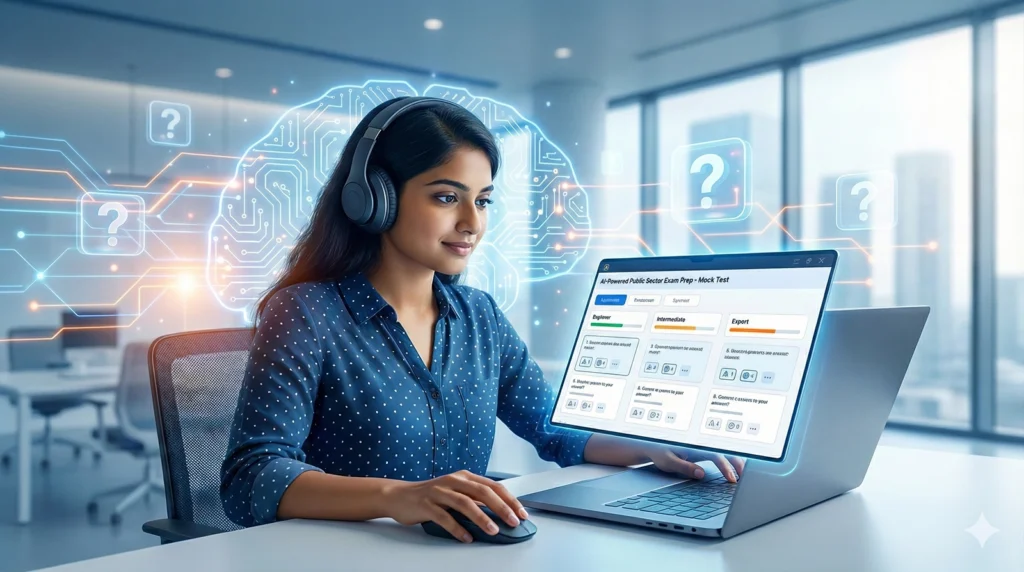 Girl sitting with a laptop, taking mock exams